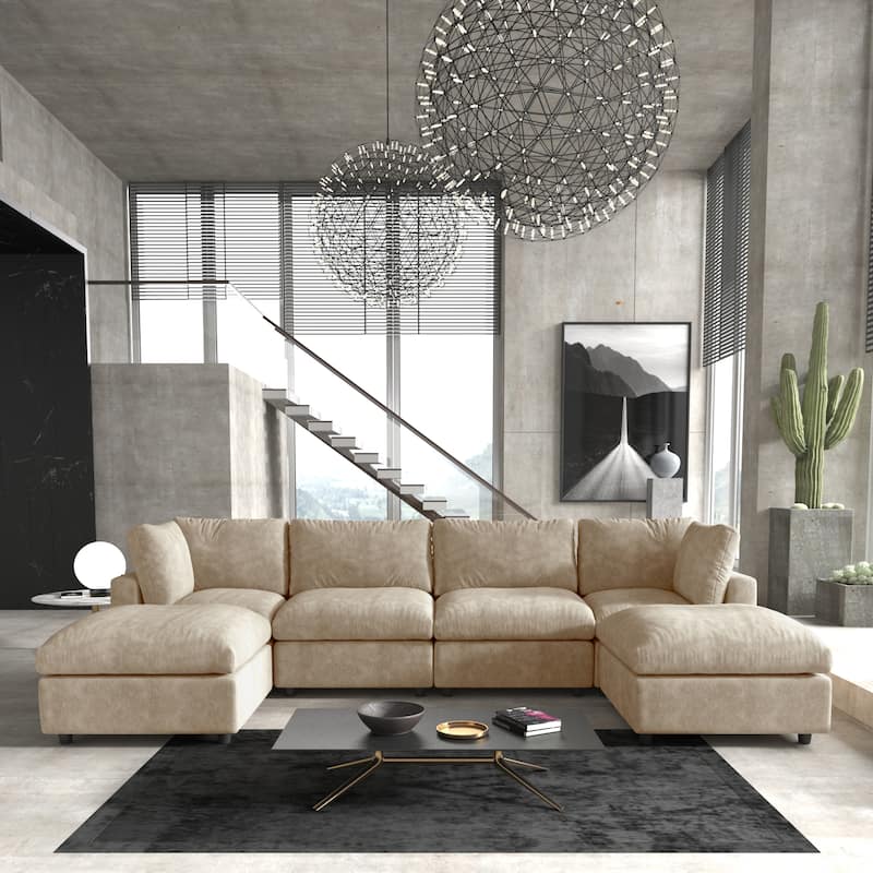 Minimalist U-shaped Upholstered Sofa 4-Seater Chenille Modular Sectional Couch with 2 Ottoman - Khaki
