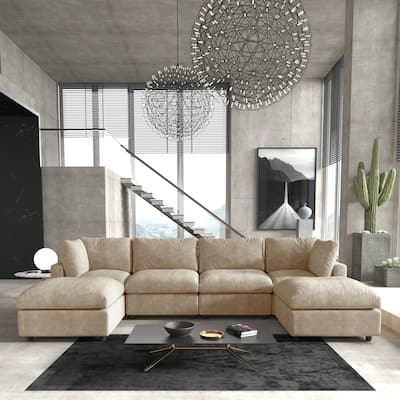 Minimalist U-shaped Upholstered Sofa 4-Seater Chenille Modular Sectional Couch with 2 Ottoman