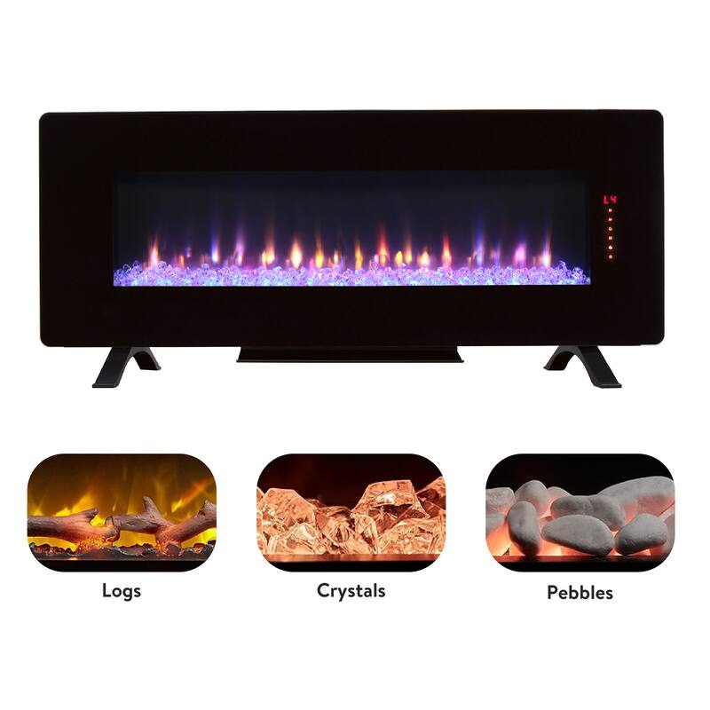 48" Wall Mounted Electric Fireplace with Curved Front, Adjustable Flame, Ember Bed, and Remote Control