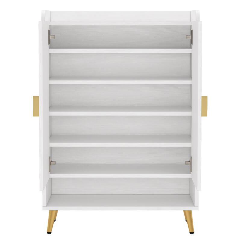 29" White & Gold Wooden Shoe Cabinet with Doors, 7-Tier