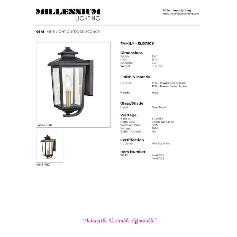 Millennium Lighting Eldrink Outdoor Wall Sconce in Powder Coat Black