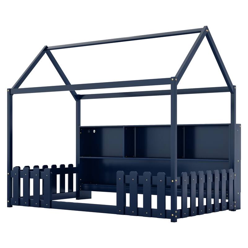 House Bed with LED Light, Wood House Bed with Storage Bookshelf, Floor House Bed with Guardrails