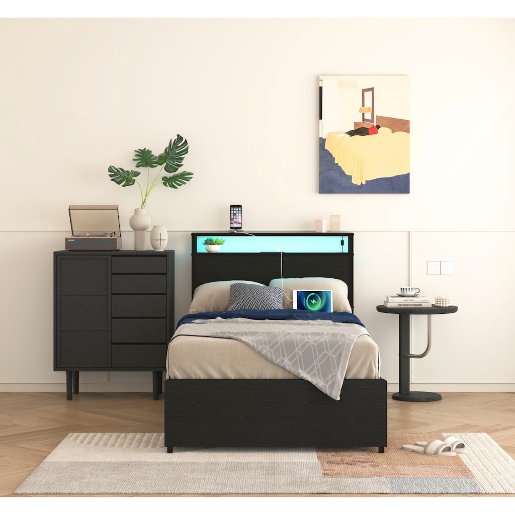 Twin Bed Frame with Storage Headboard and Charging Station