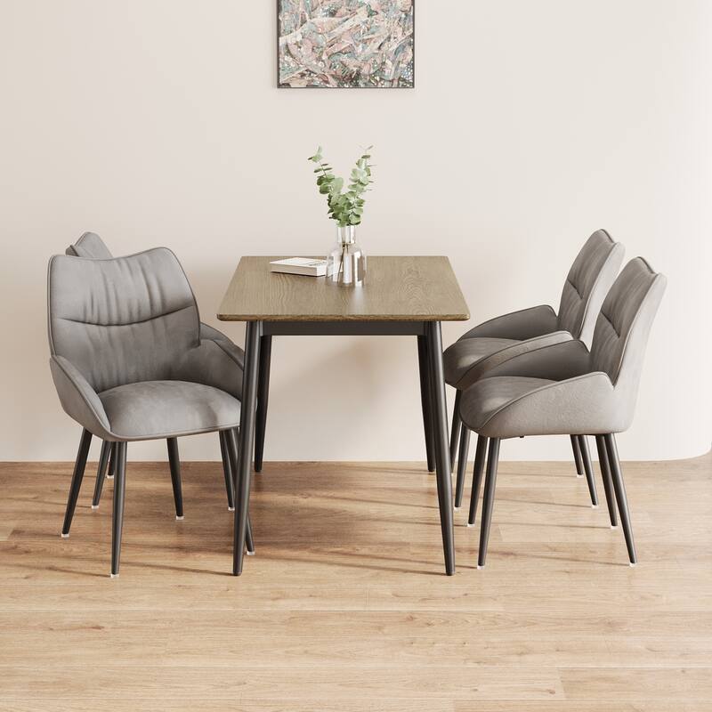 Stylish Dining Table Set for 4-6 People, 5-Piece Modern Wood Grain Table and Velvet Plush Chairs with Black Metal Legs