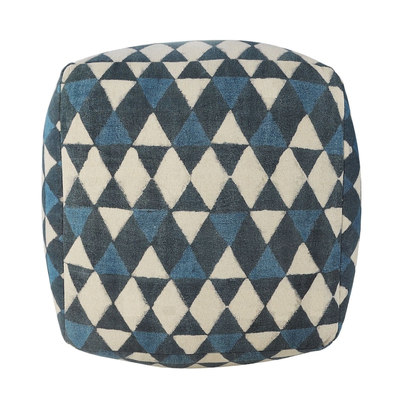 20" Navy Blue and Beige Geometric Handmade Square Pouf Ottoman