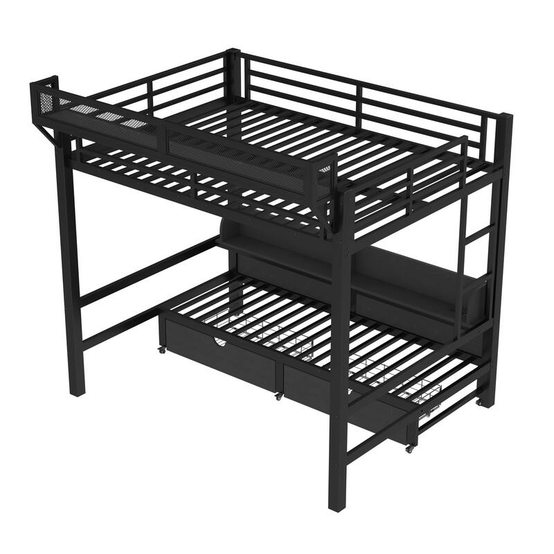 Twin XL over Twin XL Bunk Bed with Storage & Drawers, USB Ports & LED Lights, Convertible Sofa Lower Bed