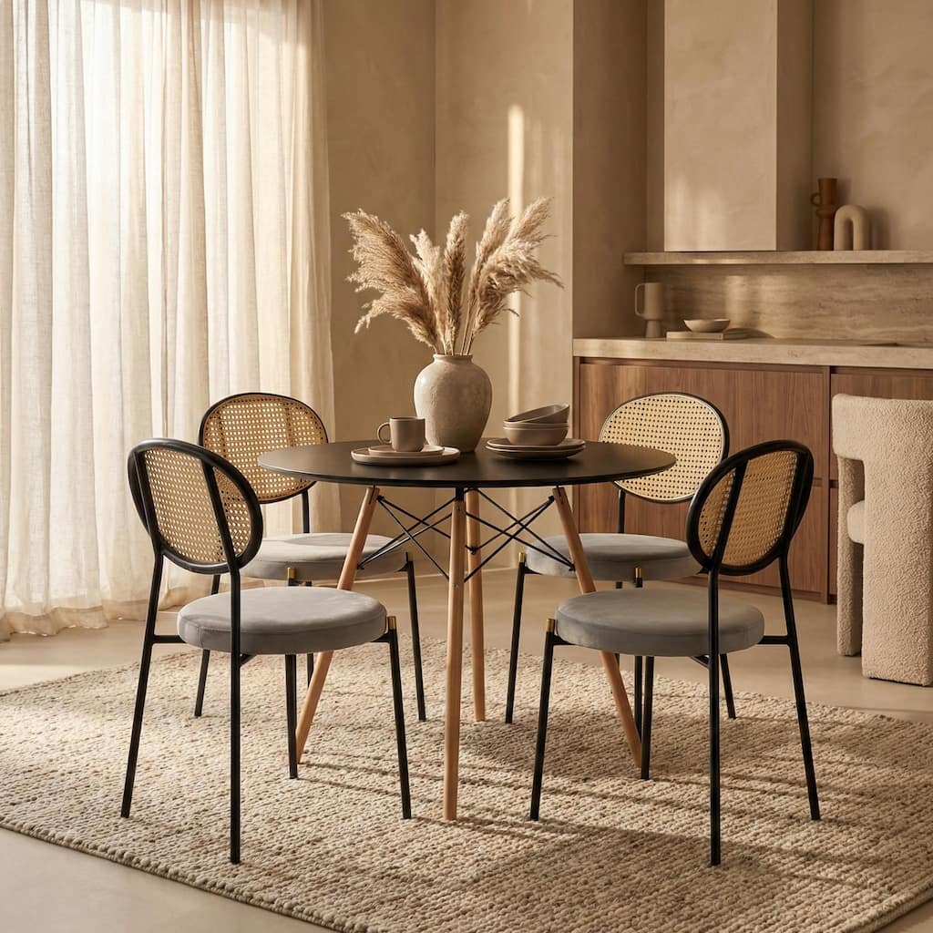 Leisuremod 5-Piece Dining Set with 1 Modern Solid Wood Top Round Dining Table and 4 Velvet/Leather Upholstered Chairs