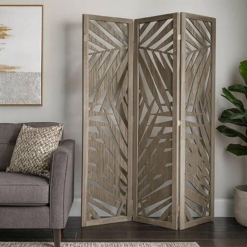 3 Panel Wooden Screen with Laser Cut Tropical Leaf Design, Gray