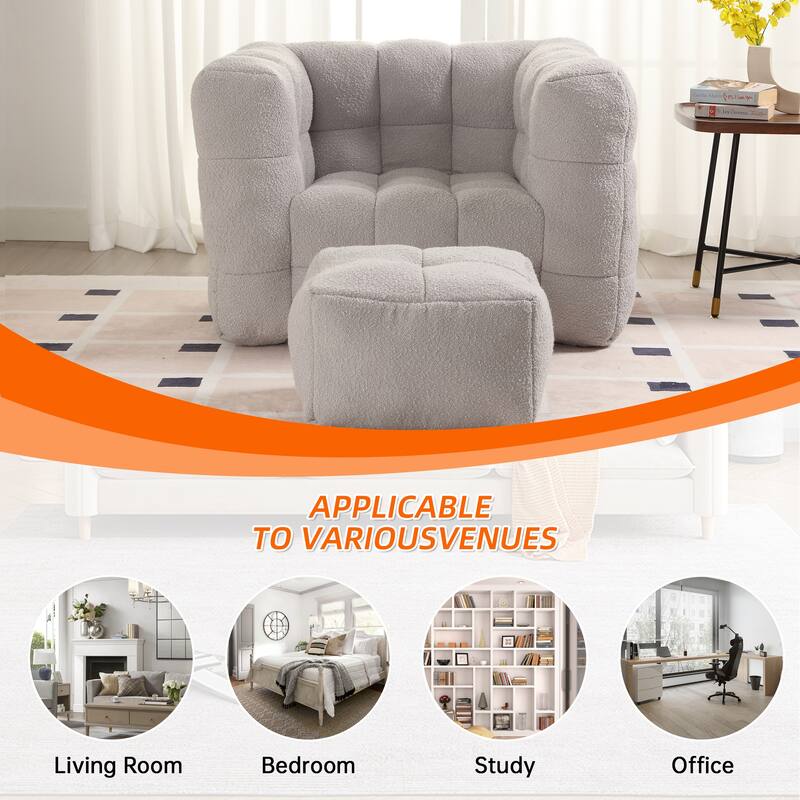 Boucle Upholstered Tufted Modern Non-installation Bean Bag Sofa Chair with Ottoman for Living Room