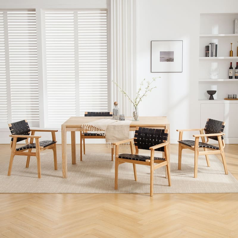Woven Leather Dining Chairs with Solid Wood Frame - 29.7"H x 21.7"W x 22.8"D