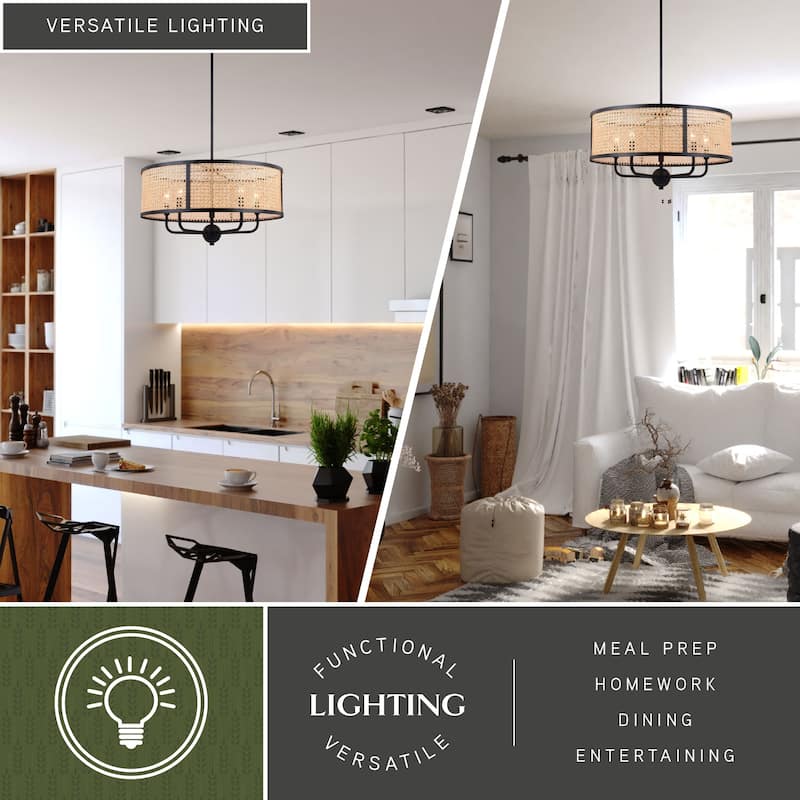 Berens 5 Light Matte Black Modern Farmhouse Drum Pendant Fixture with Rattan Cane Shade - 24-in W x 13.5-in H x 24-in D