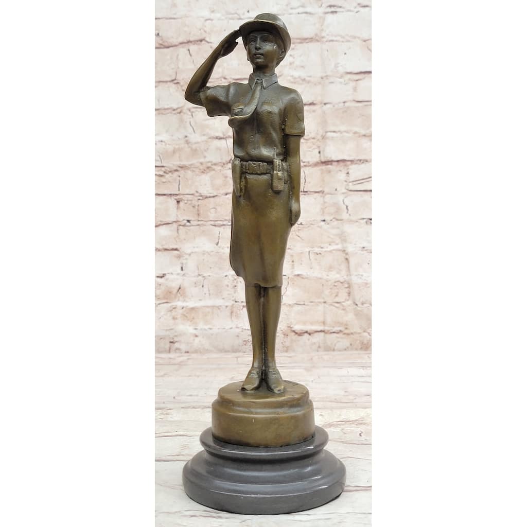 Hot Cast Bronze Figure Sculpture Female Cadet Soldier Officer On Marble Base
