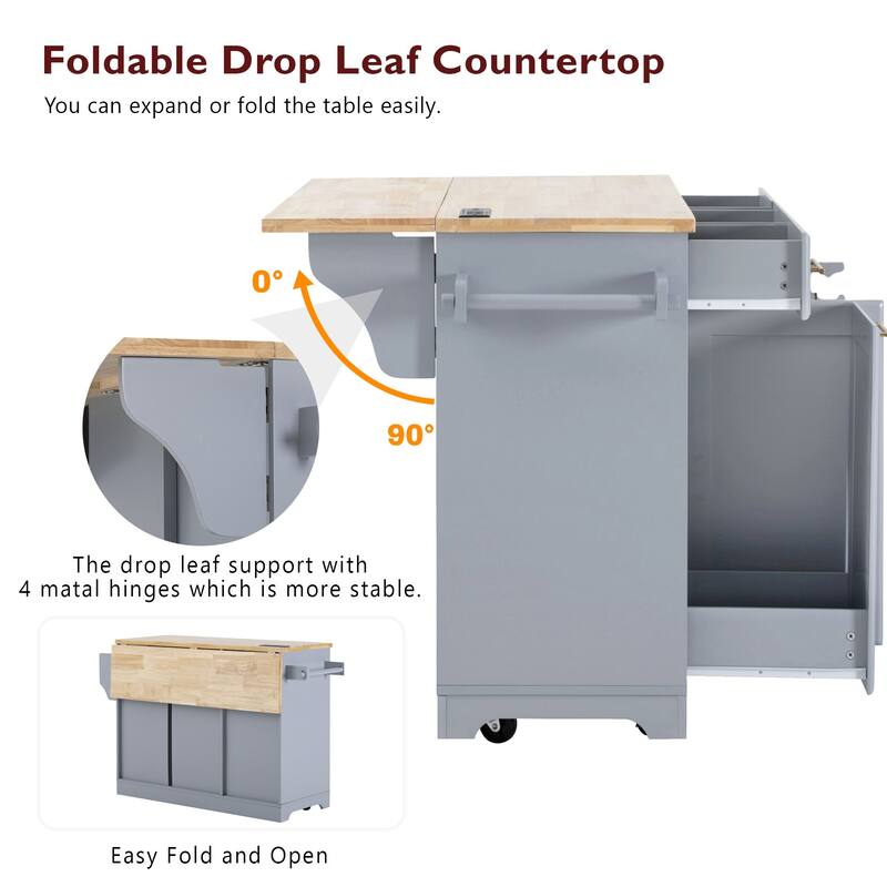 Rolling Kitchen Island Cart with 2 Pull Out Cabinet Organizers, Drop Leaf, Trash Can Storage, Power Outlet, Spice, Towel Rack