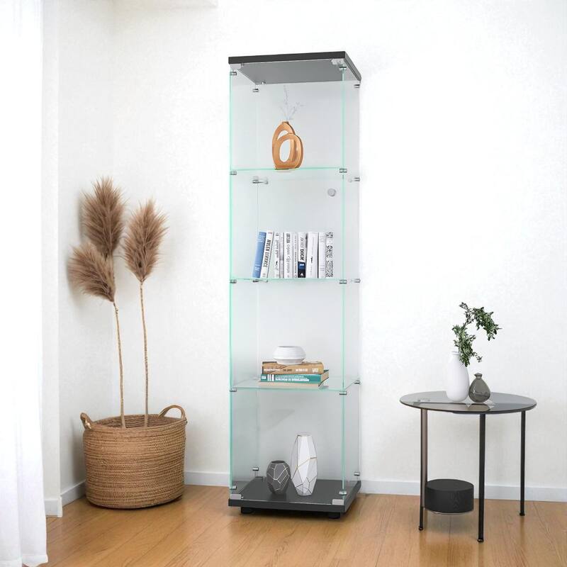 Glass Display Cabinet with 4 Shelves and Door, Floor Standing Curio Bookshelf for Office or Bedroom