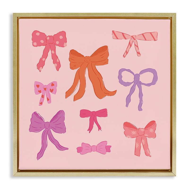 Stupell Stylish Fashion Bows on Pink Framed Floater Canvas Wall Art Design By Sazerelli Designs - 18 x 18 - Gold