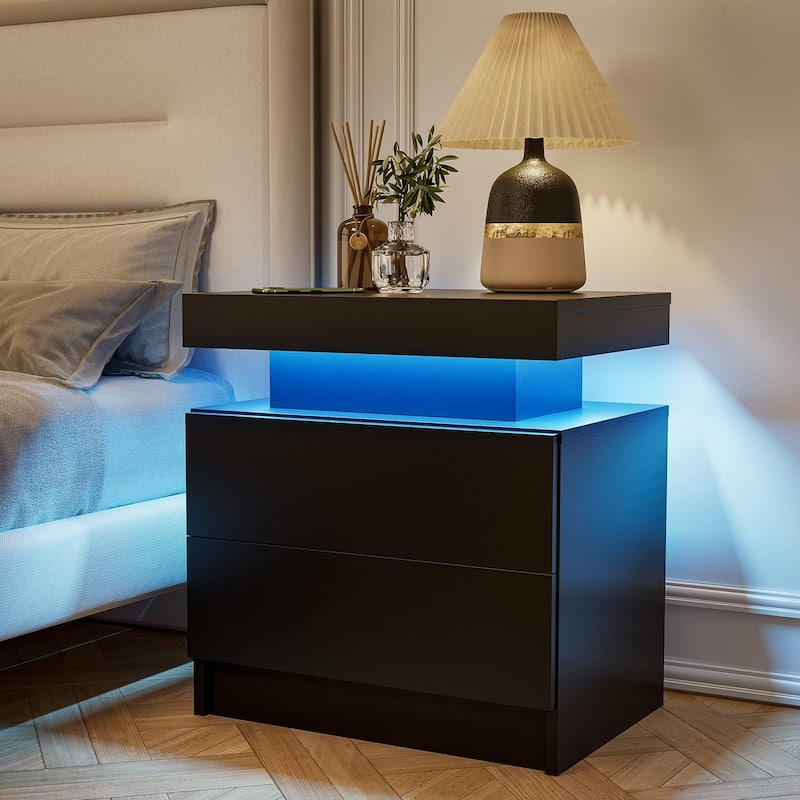LED Nightstand with 2 Drawers for Bedroom - Black