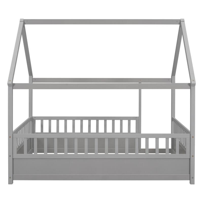Floor Wooden Bed With House Roof Frame, Fence Guardrails