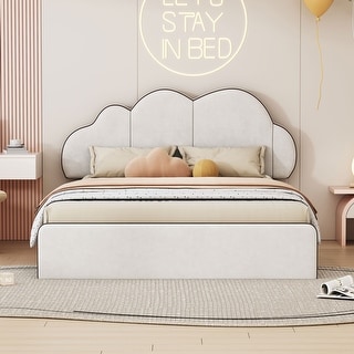 Upholstered Platform Bed Queen Size Bed Frame with Cloud-shaped Headboard and Footboard, No Box Spring Needed Velvet Fabric聽