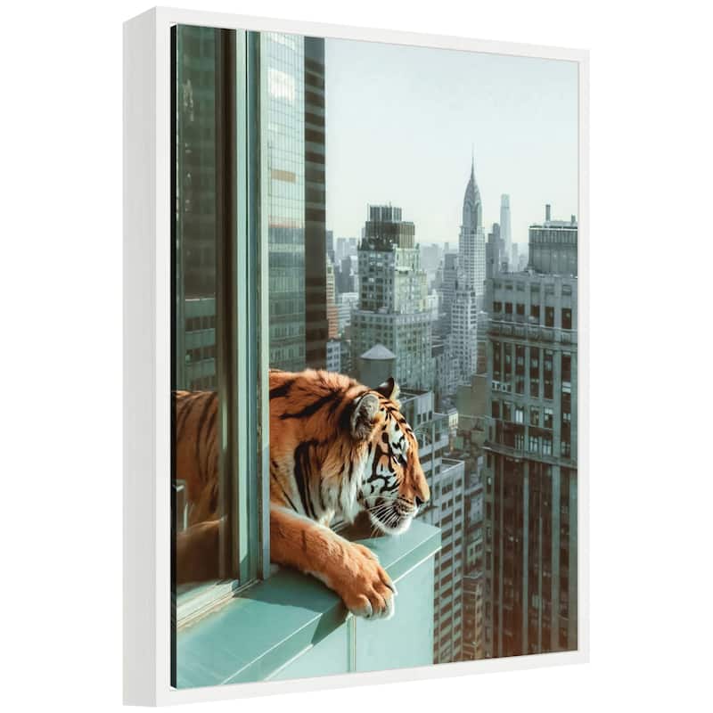 Kate and Laurel Sylvie Urban Tiger Overlooking Manhattan Framed Canvas by Michael Schauer - 18x24 - White