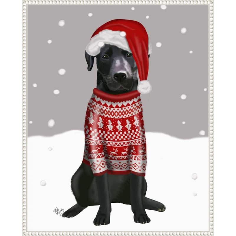 Black Labrador Christmas Sweater 1 by Fab Funky (23 x 28 in.), Framed Canvas Wall Art Print - Sylvie Beaded White