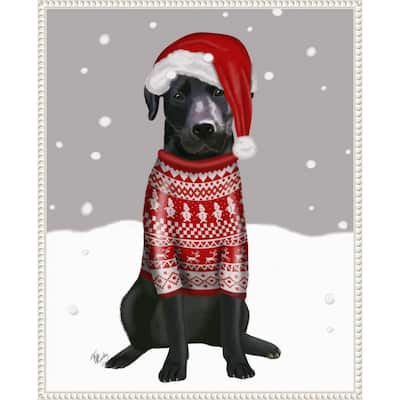 Black Labrador Christmas Sweater 1 by Fab Funky (23 x 28 in.), Framed Canvas Wall Art Print - Sylvie Beaded White