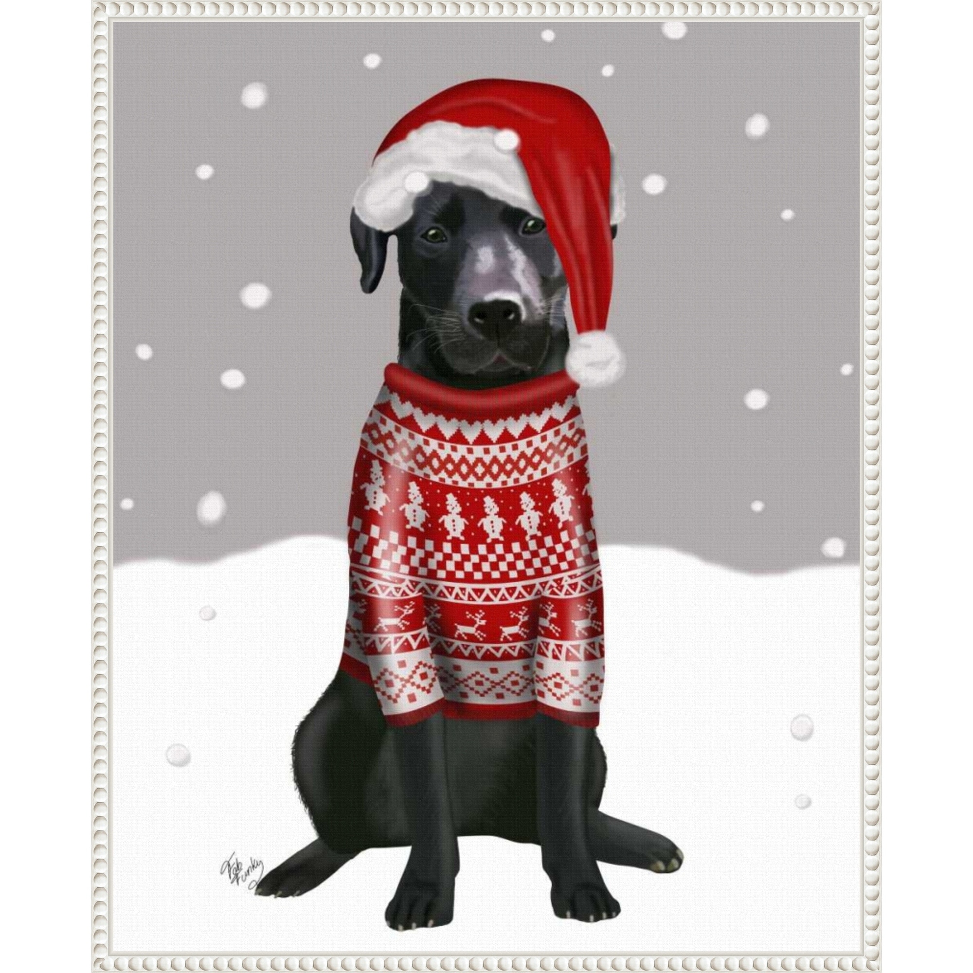 Black Labrador Christmas Sweater 1 by Fab Funky (23 x 28 in.), Framed Canvas Wall Art Print - Sylvie Beaded White
