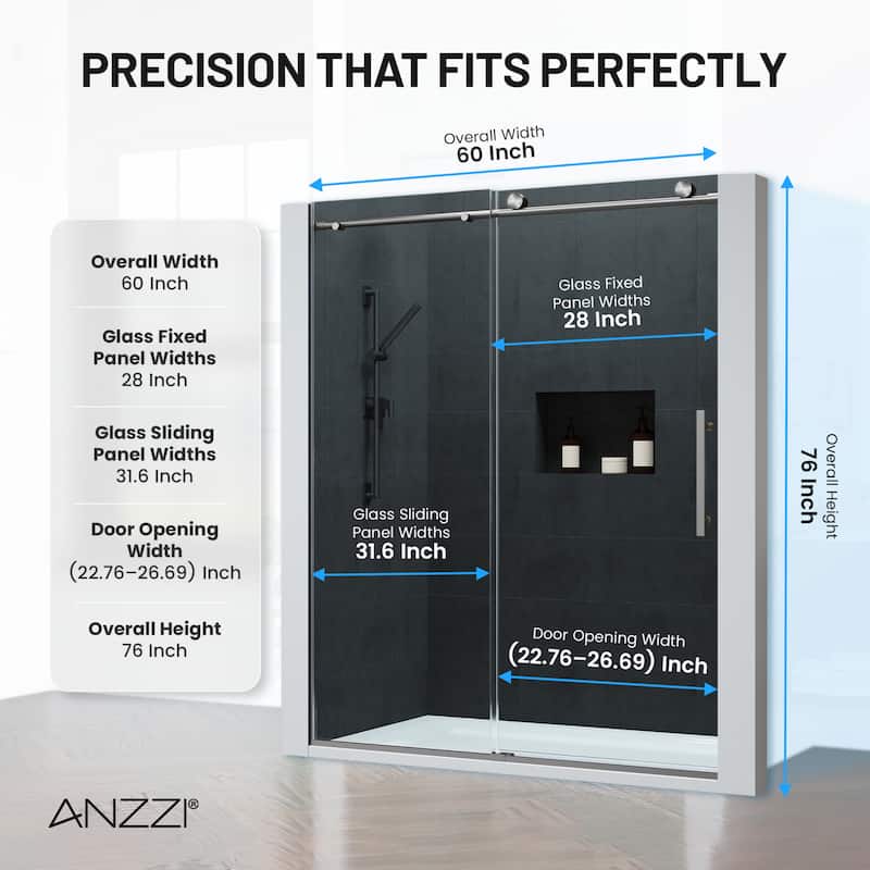 Mountain 60-inch Reversible Frameless Sliding Deco-Glass Shower Door with Soft-Close System
