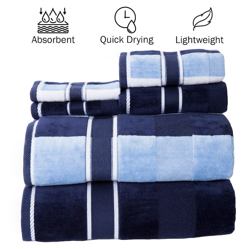 6PC Towel Set - Absorbent Cotton Bathroom Accessories Solid and Striped Towels by Windsor Home