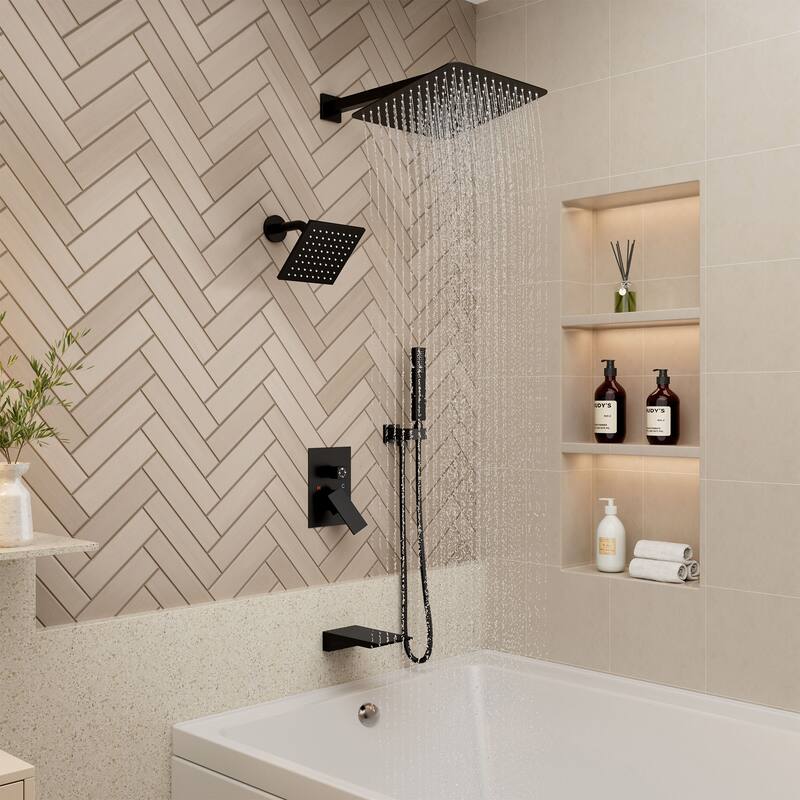 4-Spray Wall Mount 12 and 6 in. Dual Fixed and Handheld Shower Head with Waterfall Tub Spout (Valve Included) - 12" x 12"