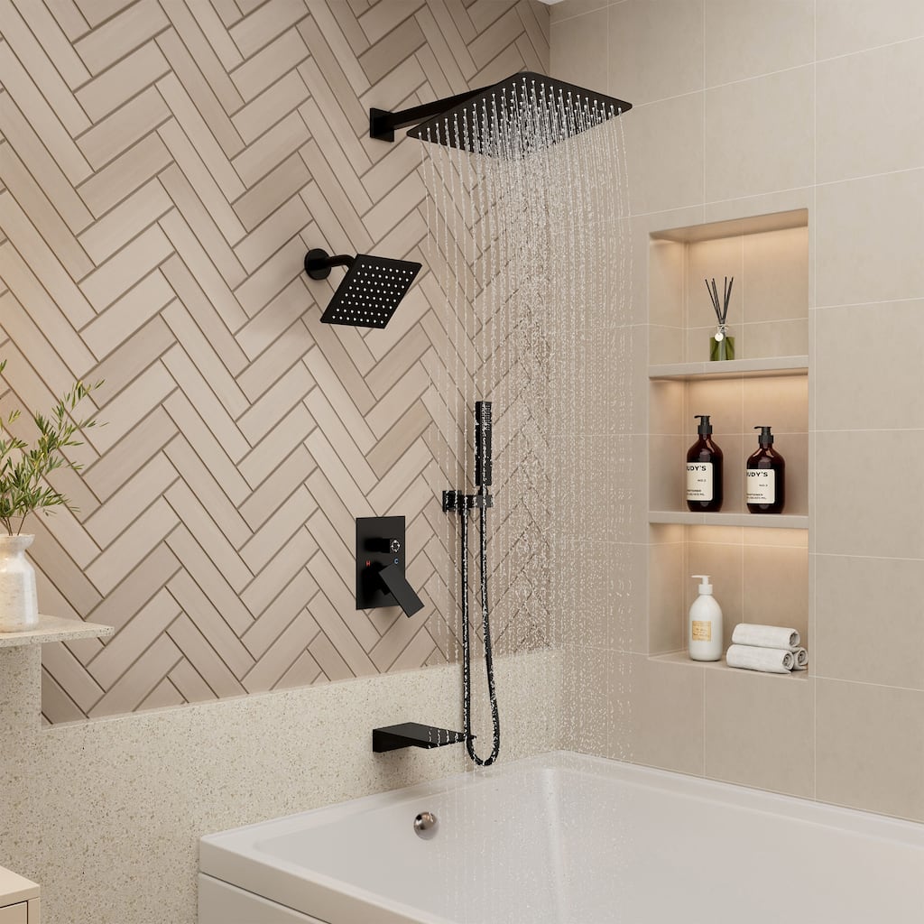 4-Spray Wall Mount 12 and 6 in. Dual Fixed and Handheld Shower Head with Waterfall Tub Spout (Valve Included) - 12" x 12"