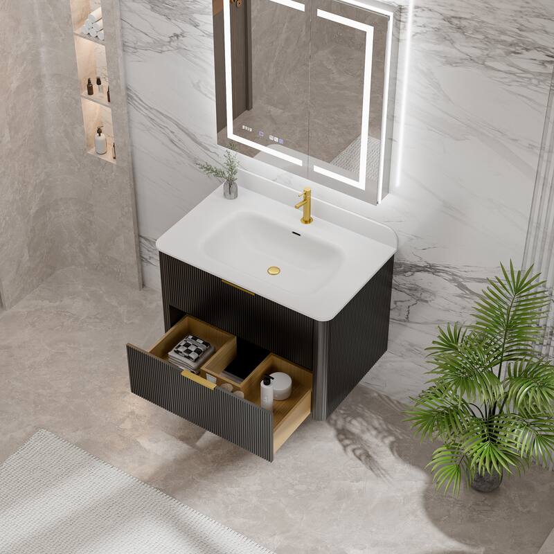 Modland Fluted Floating Vanity with Sink, Plywood Wall Mount Cabinet, Curved Edge, 24/30/36 Inch