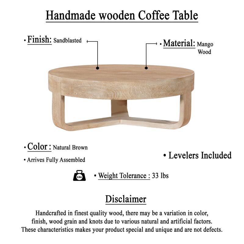 Milan Coffee Table, 32 Inch Round Top, Mango Wood with Sandblasted Natural Brown, Open Sled Base