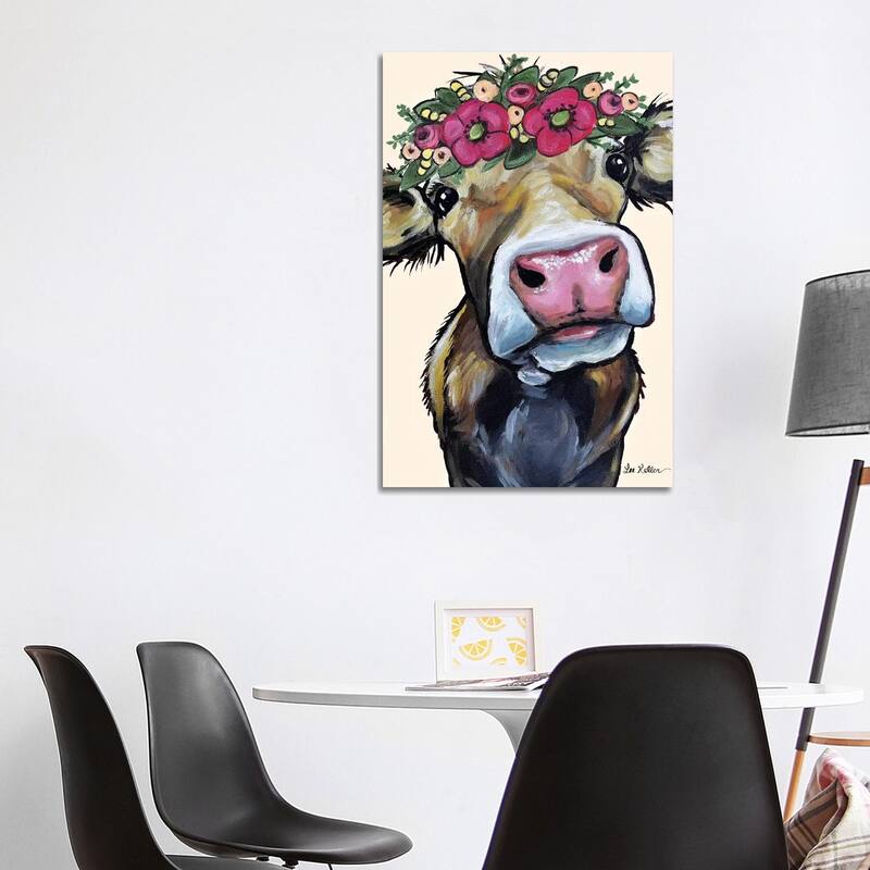 iCanvas "Hazel The Cow Flower Crown On Cream" by Hippie Hound Studios Canvas Print - 40x26x1.5
