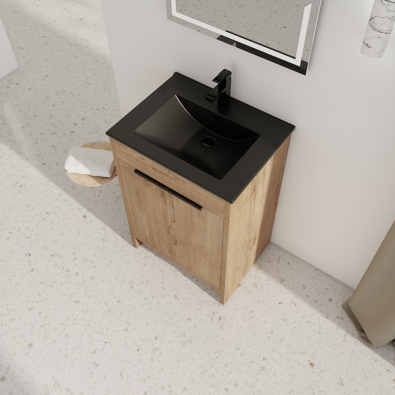 24" Freestanding Bathroom Vanity with Black Ceramic Sink & 2 Soft-Close Cabinet Doors ((KD-PACKING)