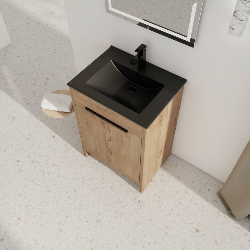Freestanding Vanity with Black Ceramic Sink, Adjustable Shelf, Soft Closing Hinges, and Metal Handle - 24in L Plywood