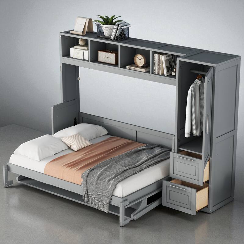 Full Size Murphy Bed with Closet and Drawers, Wall Bed with Wardrobe and Storage Shelves, Space-Saving Folding Bed - Grey - Full