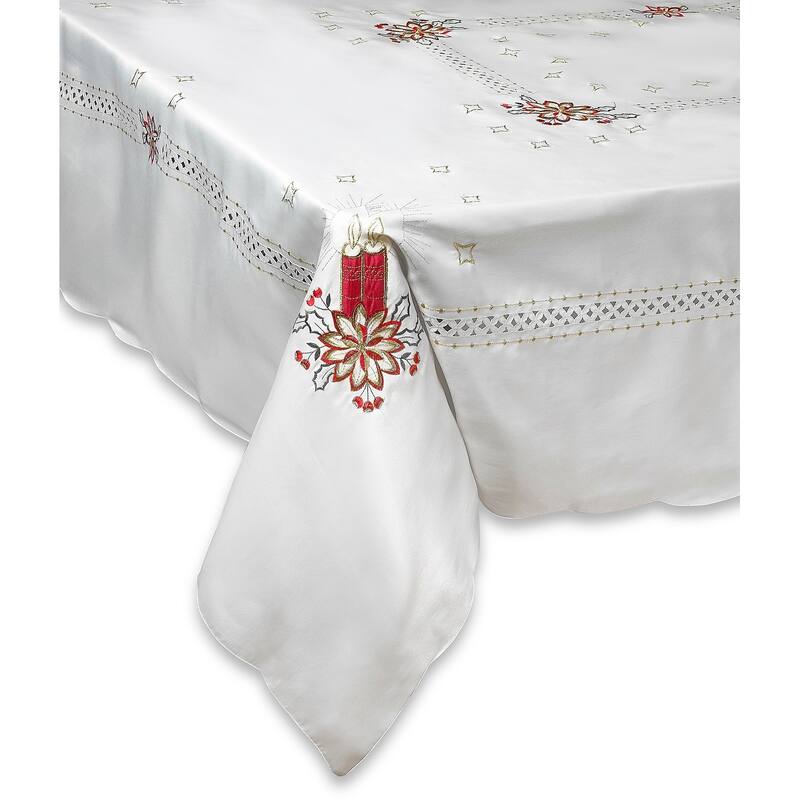 Violet Linen Seasonal Candles Vintage Holiday Embroidered Pattern Tablecloth