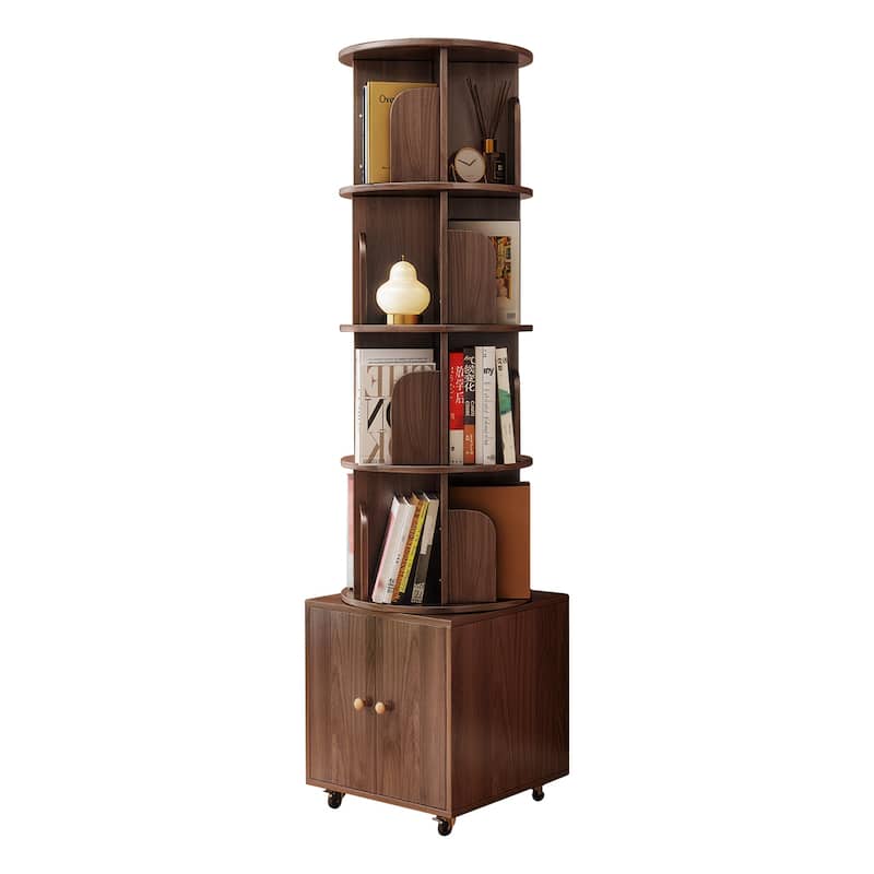 360 Degree Display 5 Tier Corner Bookshelf with Drawer, Floor Standing Bookcase Storage Rack, Wood Narrow Book Shelf Organizer