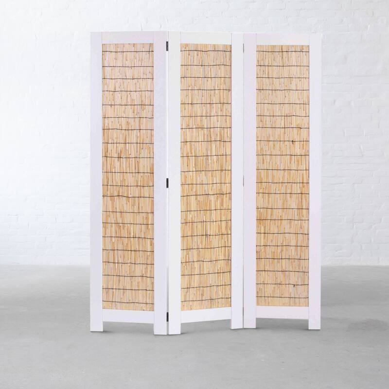 Transitional 3 Panel Wooden Screen with Wicker Paneling, White and Brown