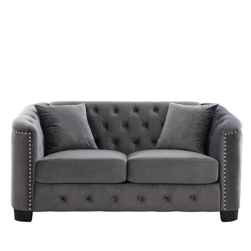 59-Inch Grey Velvet Sofa, 3-Seater, Upholstered Tufted with Nailhead Arms for Living Spaces