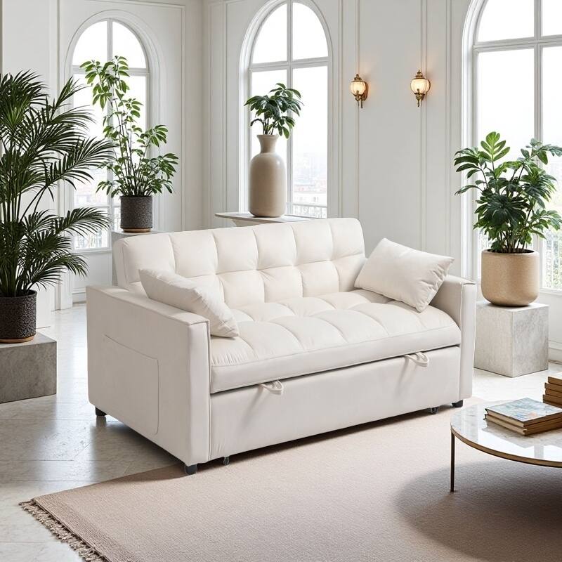 55.91" Velvet 4-Seater Sleeper Sofa with Storage & Adjustable Backrest