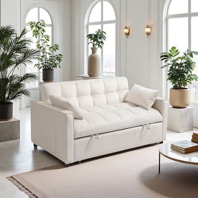 Velvet Sleeper Sofa with Adjustable Backrest, Pull-Out Loveseat Sofa Bed Couch with Storage & Lumbar Pillows
