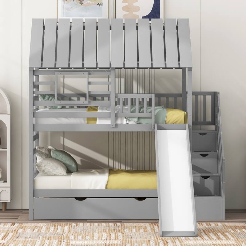 Twin Pine Bunk Bed with Trundle, Staircase, and Slide