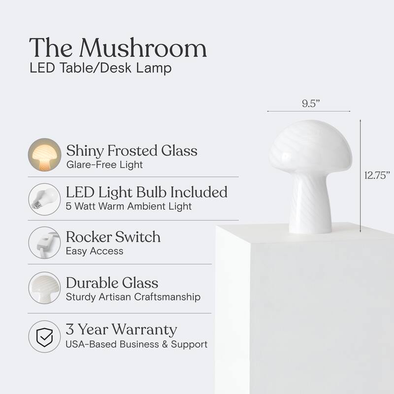 Brightech Mushroom 12.75 in. White Modern & Contemporary LED Bedside Table Lamp with Frosted White Glass Shade