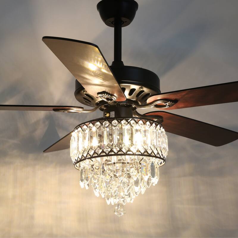 CurveCurio 52-inch Classic Ceiling Fan with Crystal Light Shade, 3 Light, Remote Control and Pull Chain Control for Living Room