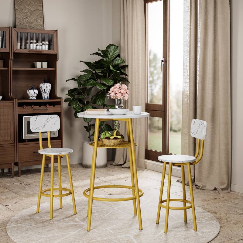 3-Piece Bar Table Set with 2 Bar Stools - Modern Pub Table with Backrests & Storage Shelf - White+Gold