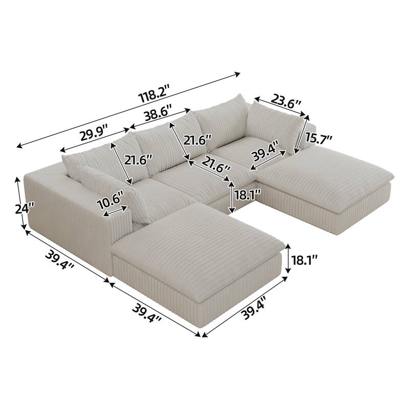 Modular Sectional Sofa with Ottoman, Oversized Corduroy Upholstered Cloud Sofa, 3 Seater Sofa with Removable Cushion