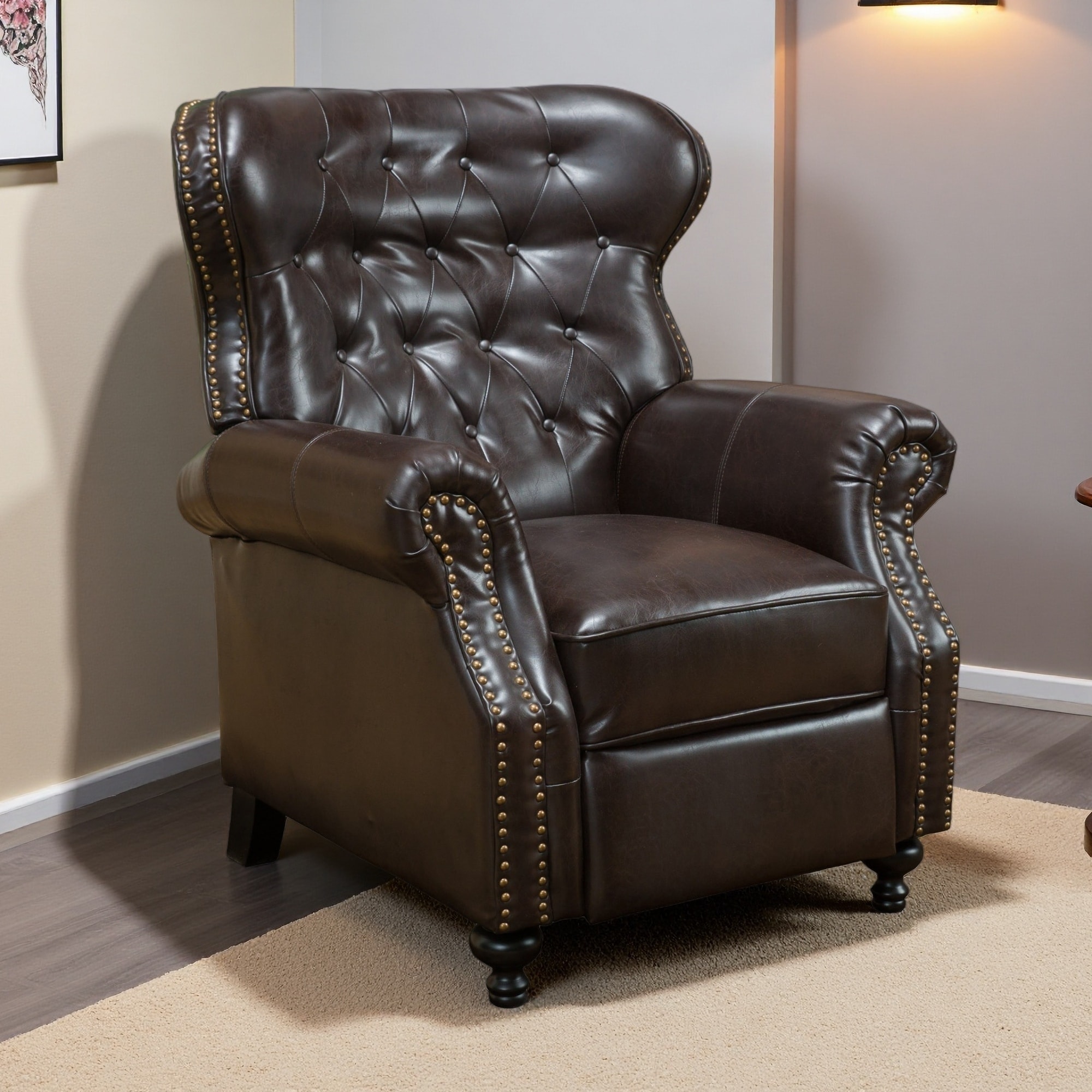 Push Back Button-Tufted Recliner Chair with Rolled Arms and Copper Accents