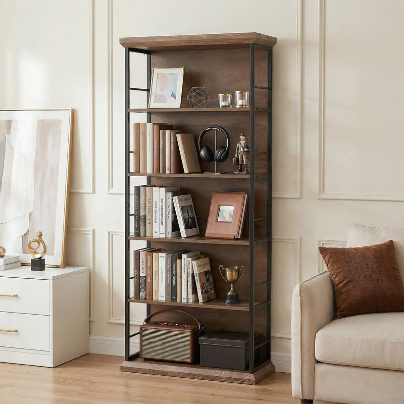 70.86" H 5-Tier Standard Bookcase with Storage for Living Room & Home Office - Black/Brown