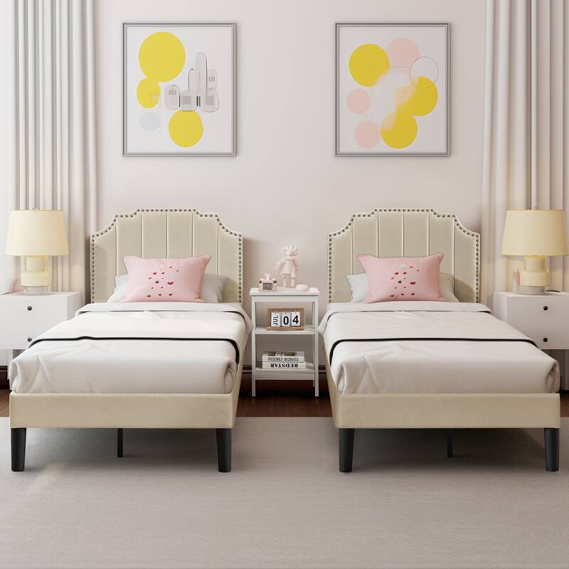 VECELO Double Twin Bed Set 41"-47" Adjustable Height Platform Bed with Nailhead Trim 7.8" Underbed Storage No Box Spring Needed - Beige